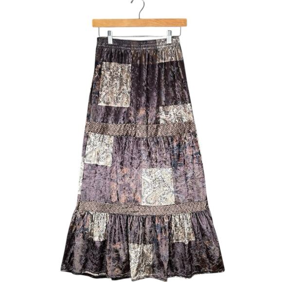 Velvet Patchwork Maxi Skirt | Boho Gypsy Vintage Style Tiered Long Skirt | Small - Picture 11 of 13